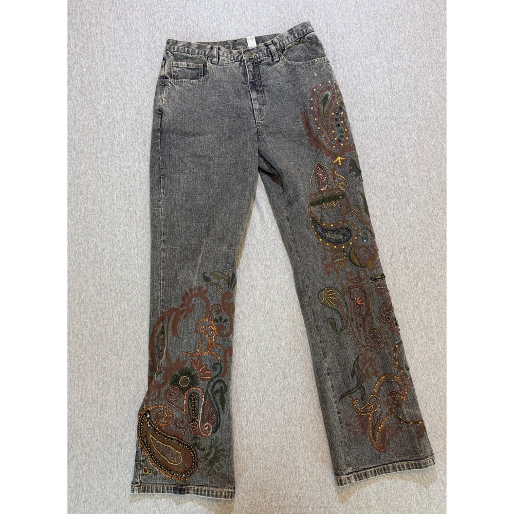 Chico's Beaded Paisley Embroidered Jeans Grey Faded Black Straight Leg Size 1